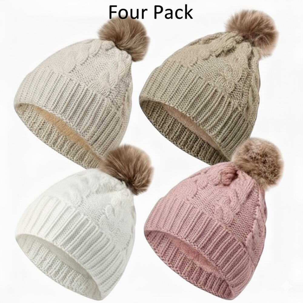 Adult‎ Beanie Winter Cable Knit Faux Fur Pom Unisex Hats Beige Ivory Pink Brown